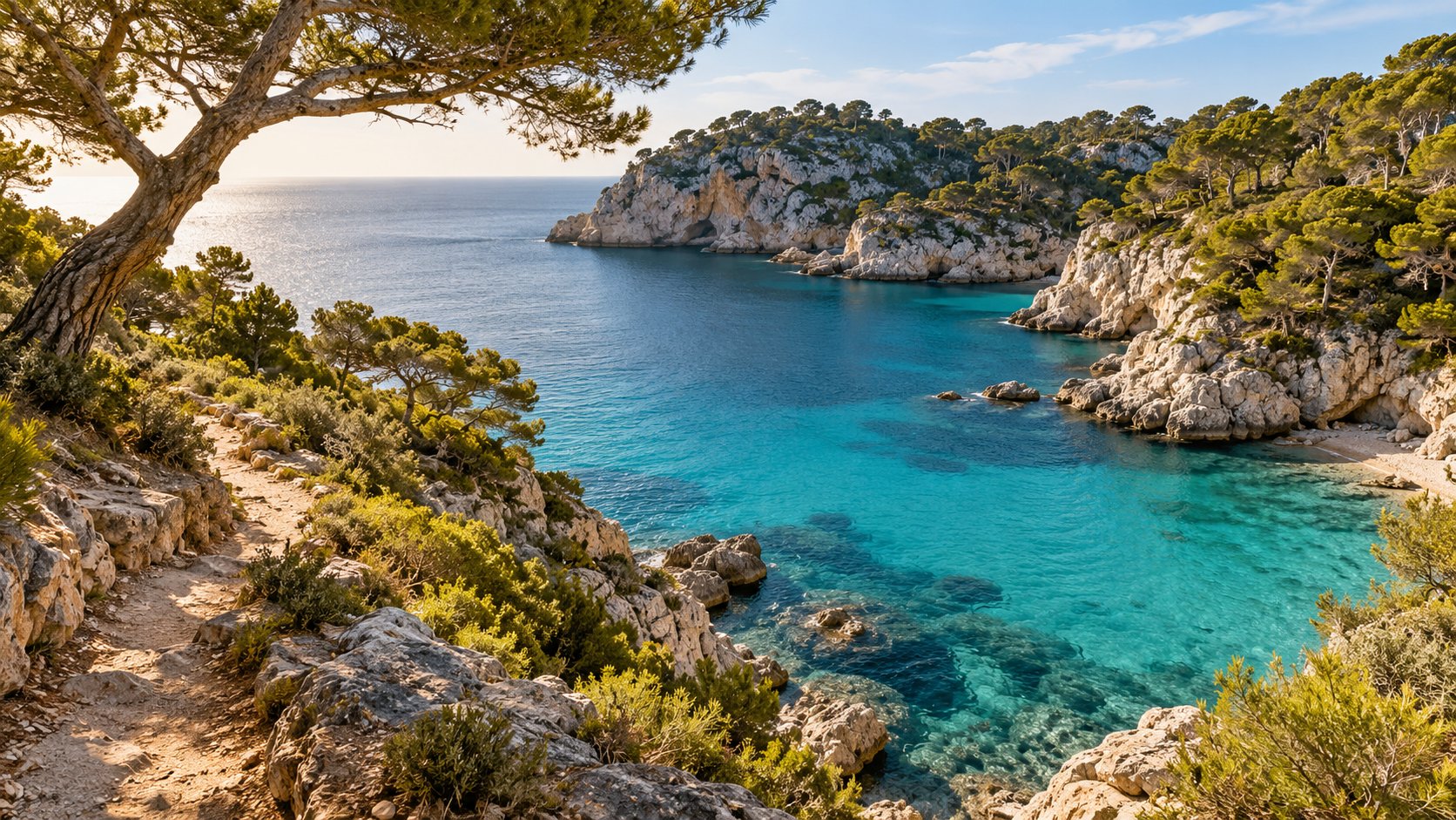 Gegenereerd sfeerbeeld van een mediterrane baai met helder water, pijnbomen en lichte rotsen