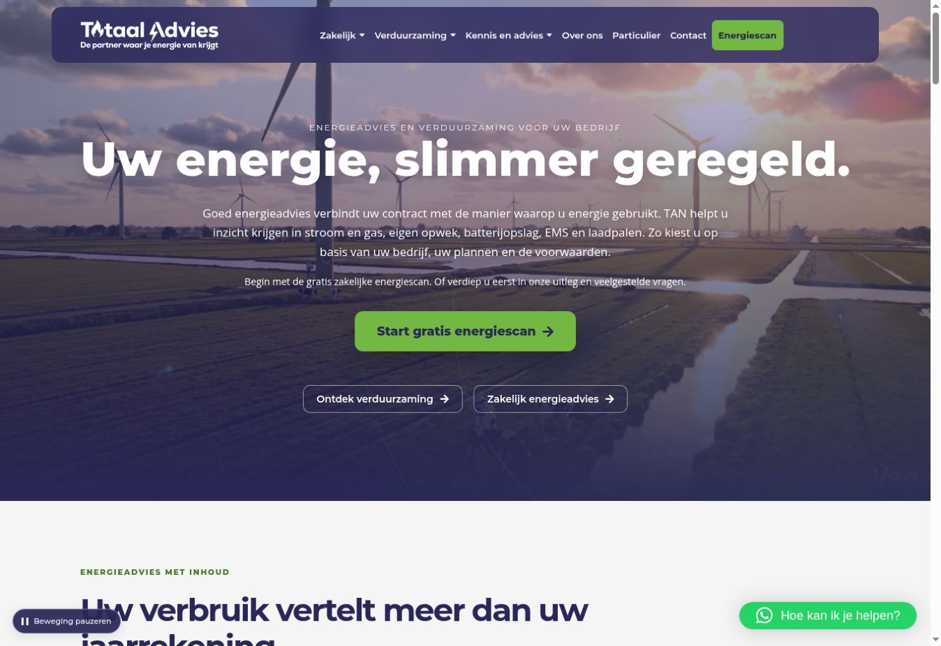 Screenshot van de homepage van Totaal Advies Nederland met energiethema’s, uitleg en een groene knop voor de energiescan